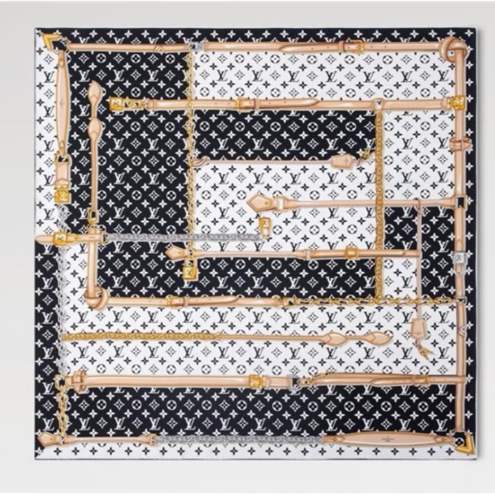 Louis Vuitton Monogram Confidential Square Silk Scarf, Gold Back and White